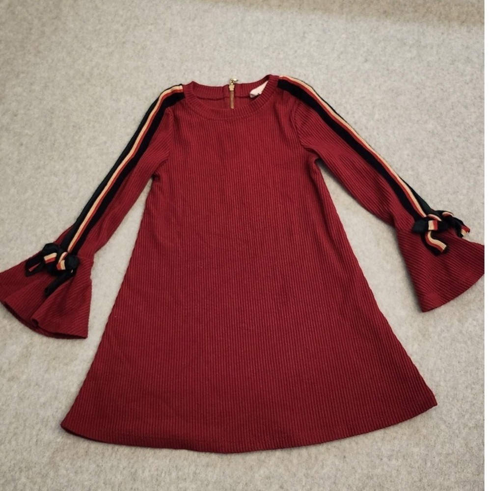 Hannah Banana Dress Girls 5 Burgundy Ribbed Knit Bell Sleeve A-Line Stripe Bow